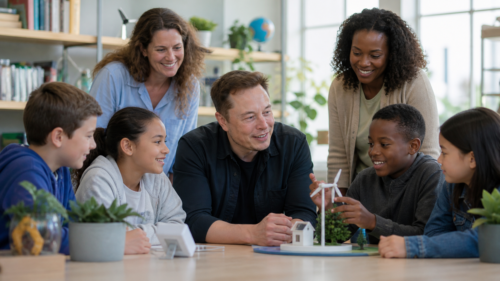 Concept image of Elon Musk joining children and educators for a science activity